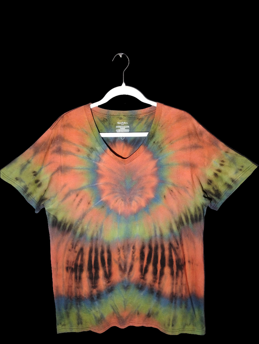 Reverse tie-dyed fireworks shirt in burnt orange and lime green